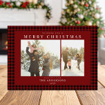Cartes Pour Fêtes Annuelles En vichy rouge plaqué deux photos<br><div class="desc">Créez vos propres cartes de Noël photo personnalisées avec deux de vos photos de famille avec le nom de typographie minimaliste personnalisé et l'année sur un joli arrière - plan motif en plaid rouge en vichy.</div>