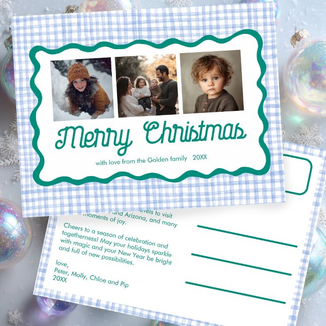 Cartes Pour Fêtes Annuelles en vichy Verre bleu vert Noël personnalisé 3 photo (Gingham Wavy Blue Green Christmas Custom 3 Photo Holiday Postcard
)