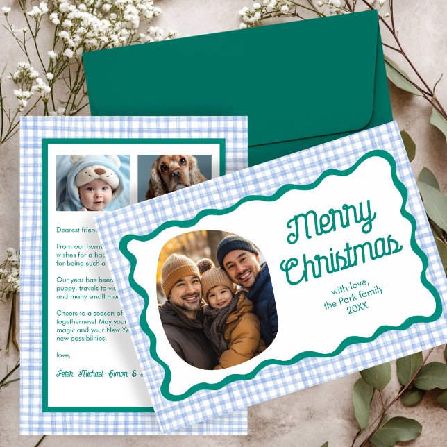 Cartes Pour Fêtes Annuelles en vichy Verre bleu vert Noël personnalisé 3 photo (Gingham Wavy Blue Green Christmas Custom 3 Photo Holiday Card
)
