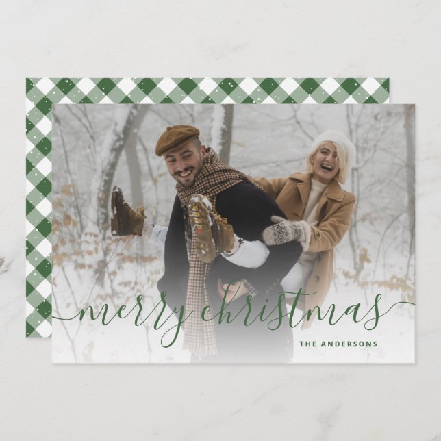 Cartes Pour Fêtes Annuelles En vichy verte photo Plaid Joyeux Noël (Devant / Derrière)
