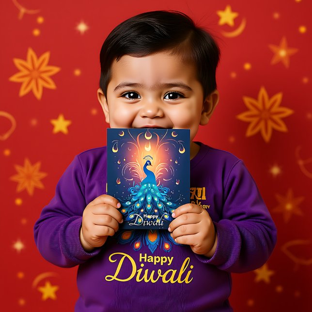 Cartes Pour Fêtes Annuelles Enchanter Diwali Delight avec Peacock bleu 🦚 (Enchanting Diwali Delight with blue Peacock🦚 Holiday Postcard, custom text)