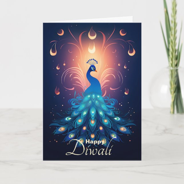 Cartes Pour Fêtes Annuelles Enchanter Diwali Delight avec Peacock bleu 🦚 (Devant)