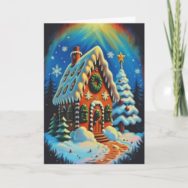 Cartes Pour Fêtes Annuelles Enchanter Maison en pain d'épices scène hiver (Devant)
