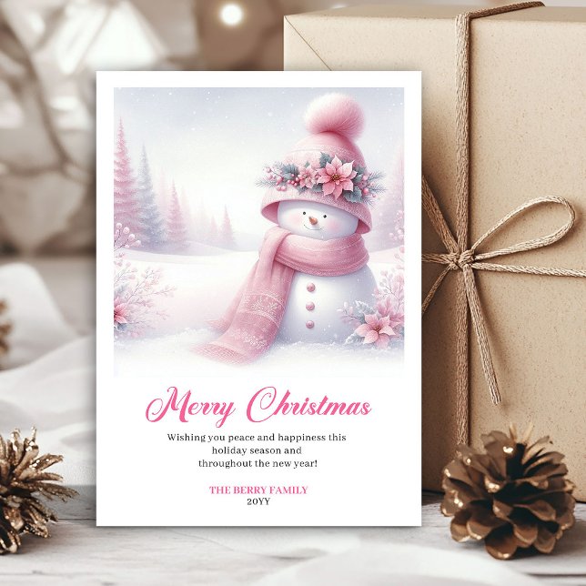 Cartes Pour Fêtes Annuelles Enchanting pink snowman Christmas kids card digit (Enchanting pink snowman Christmas kids card editable file)