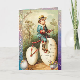 CARTES POUR FÊTES ANNUELLES ENFANT AVEC UN VÉLO D'ŒUF DE PÂQUES ET DES FLEURS