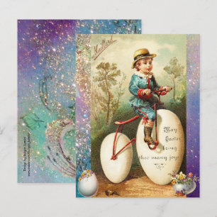 CARTES POUR FÊTES ANNUELLES ENFANT AVEC UN VÉLO D'ŒUF DE PÂQUES ET DES FLEURS