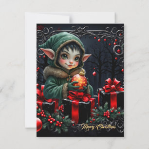 Cartes Pour Fêtes Annuelles Enfant Elfe mignon en manteau à capuchon vert