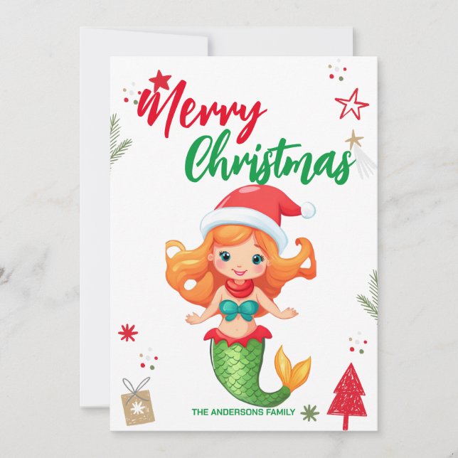 Cartes Pour Fêtes Annuelles Enfant mignon Mermaid Noël Vacances Nom de famille (Devant)