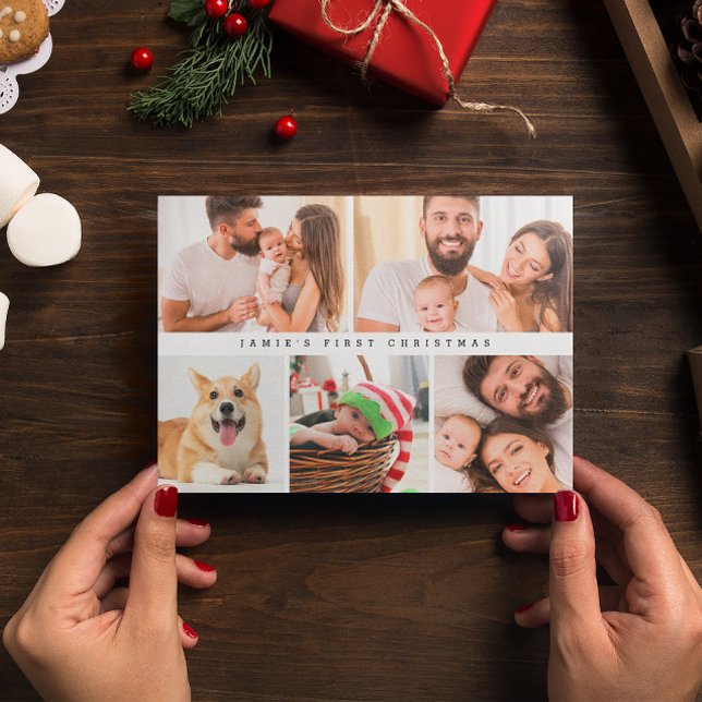 Cartes Pour Fêtes Annuelles Enfant moderne First Christmas Custom Photo collag (Custom Photo Grid baby's first Christmas card.)
