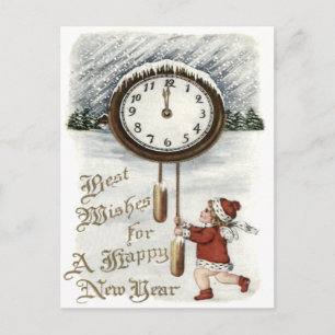 Cartes Pour Fêtes Annuelles Enfant Neige Hiver Horloge Nouvel An