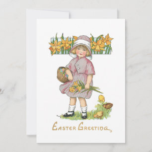 Cartes Pour Fêtes Annuelles Enfant vintage avec jonquilles et voeux de Pâques