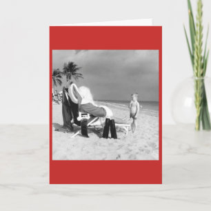 Cartes Pour Fêtes Annuelles Enfant vintage regardant Père Noël on Beach Card