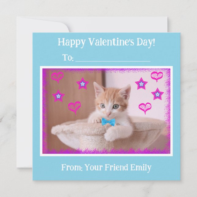 Cartes Pour Fêtes Annuelles Enfants bleus Petit chat funky Saint-Valentin en c (Devant)