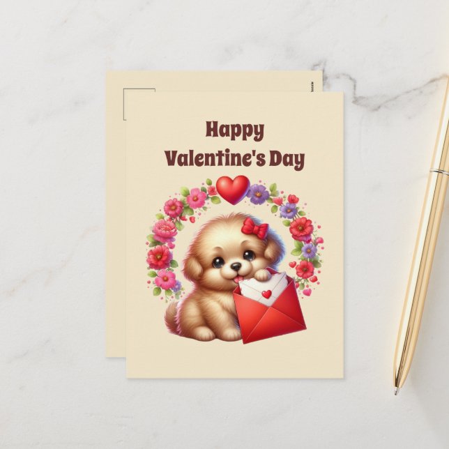 Cartes Pour Fêtes Annuelles Enfants chiot Heureuse Sainte-Valentin mignon (Devant/Arrière en situation)