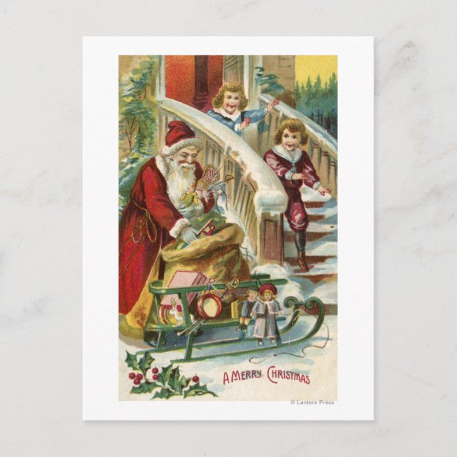Cartes Pour Fêtes Annuelles Enfants courant pour saluer Père Noël (Devant)