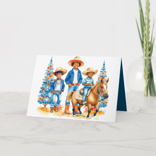 Cartes Pour Fêtes Annuelles Enfants Cowboy Noir Avec Cheval Joyeux Noël (Devant)
