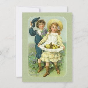 Cartes Pour Fêtes Annuelles Enfants et poussins de Pâques victoriens à Pinafor