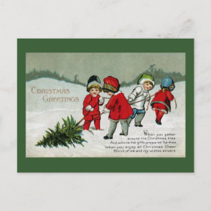 Cartes Pour Fêtes Annuelles Enfants Hauling Arbre de Noël Vintage