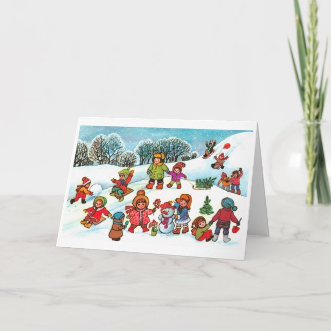 Cartes Pour Fêtes Annuelles Enfants jouant dans la neige (Devant)