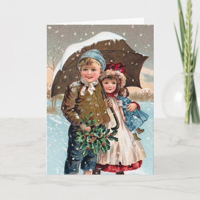 Cartes Pour Fêtes Annuelles Enfants marchant à travers la neige (Devant)
