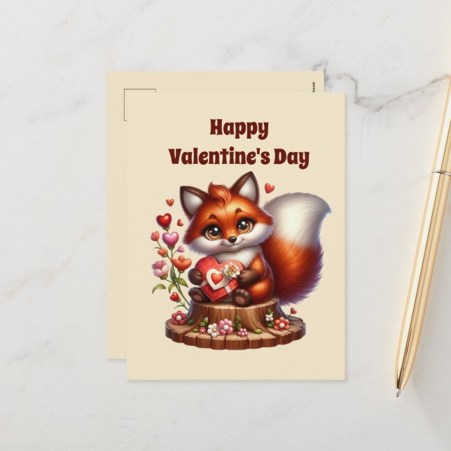 Cartes Pour Fêtes Annuelles Enfants mignons Joyeux renard de Saint Valentin (Devant/Arrière en situation)