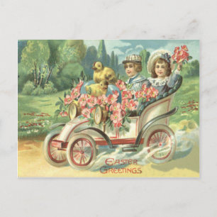 Cartes Pour Fêtes Annuelles Enfants Pâques Chick Vintage Voiture Florale