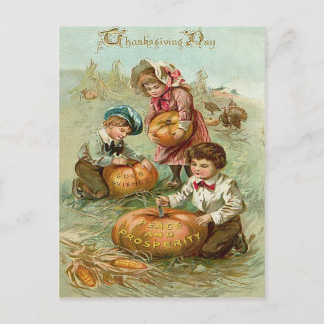 Cartes Pour Fêtes Annuelles Enfants sculptant des citrouilles meule de foin de (Devant)