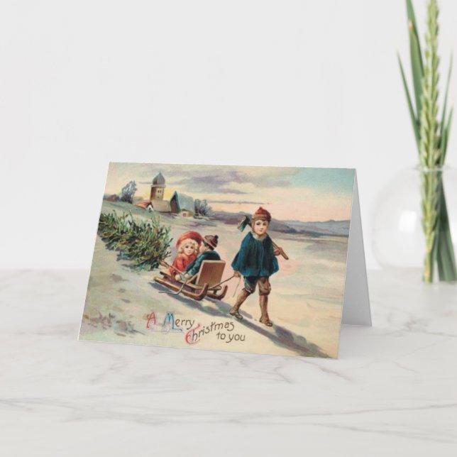 Cartes Pour Fêtes Annuelles Enfants Sleigh Arbre de Noël (Devant)
