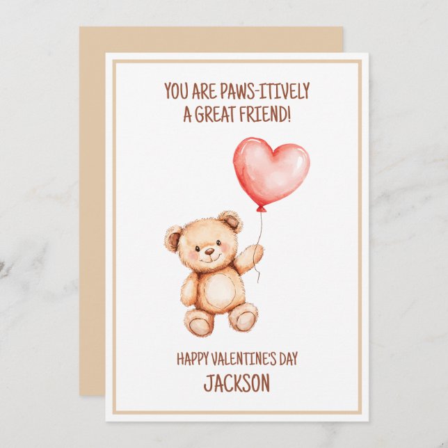 Cartes Pour Fêtes Annuelles Enfants Teddy Bear Cute Aquarelle Coeur Valentine (Devant / Derrière)