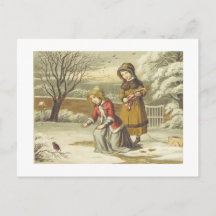 Enfants victoriens d'hiver nourrissant un rouge-go