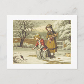Cartes Pour Fêtes Annuelles Enfants victoriens d'hiver nourrissant un rouge-go