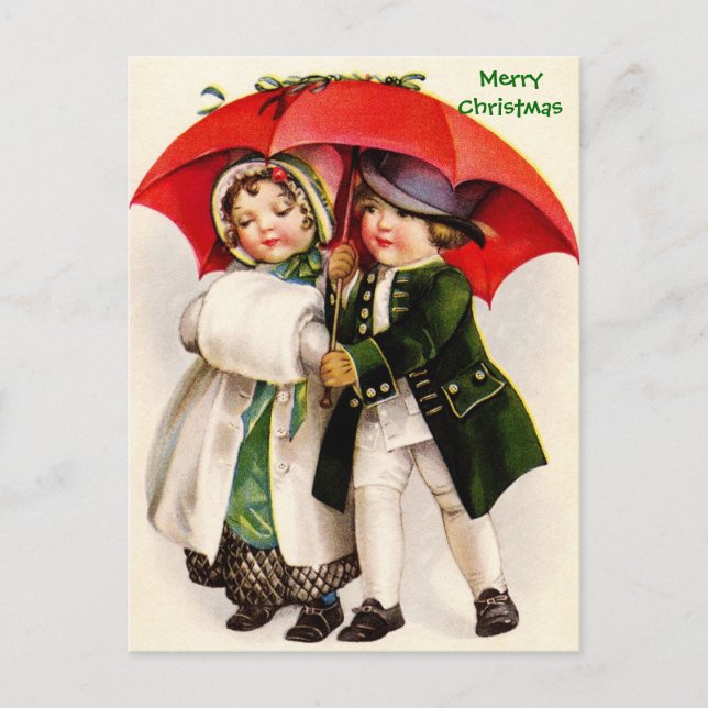 Cartes Pour Fêtes Annuelles Enfants victoriens et parapluie d'image de Noël (Devant)