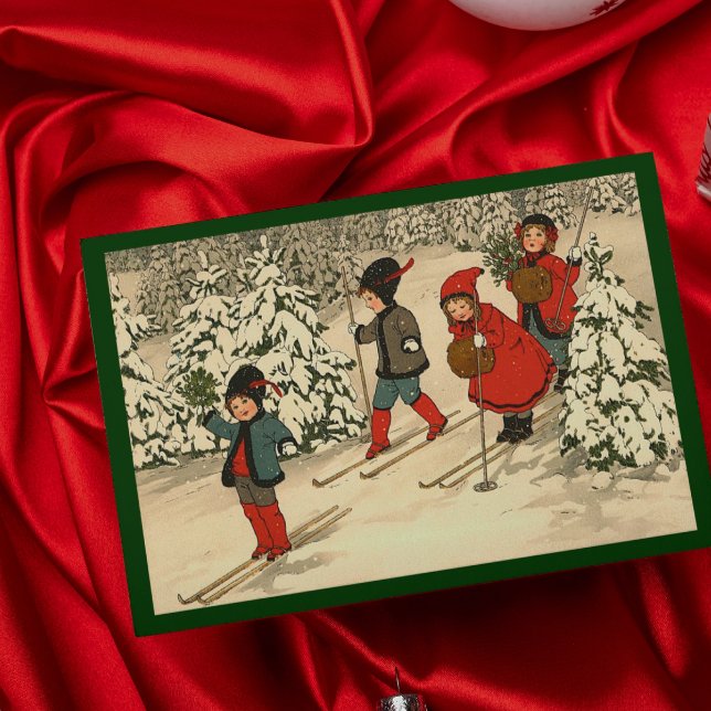 Cartes Pour Fêtes Annuelles Enfants vintage skiant à travers une forêt enneigé (Créateur téléchargé)
