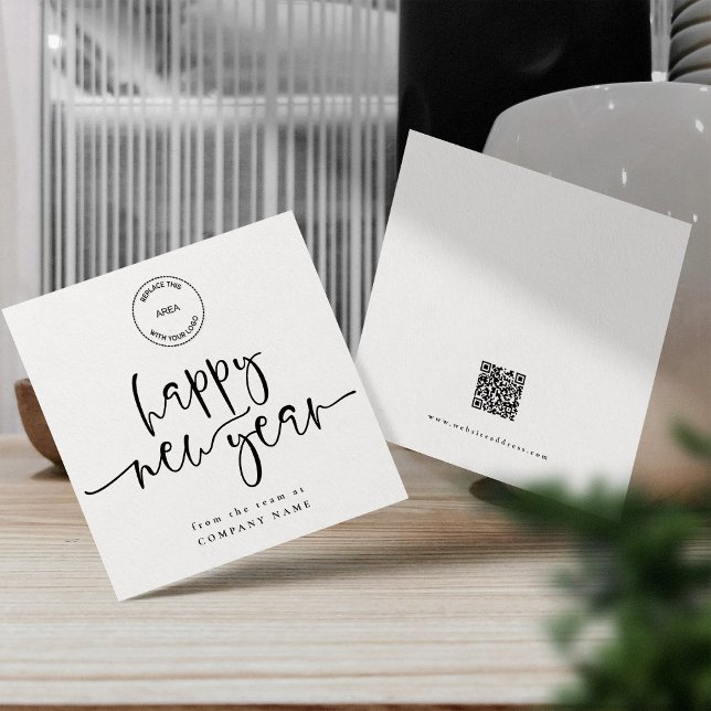 Cartes Pour Fêtes Annuelles Entreprise Bonne Année Logo QR Code noir blanc (Frotn and back view, Available digitally and printed)