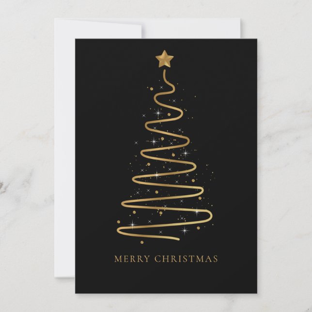 Cartes Pour Fêtes Annuelles Entreprise Elegant Black Gold Joyeux Arbre de Noël (Devant)