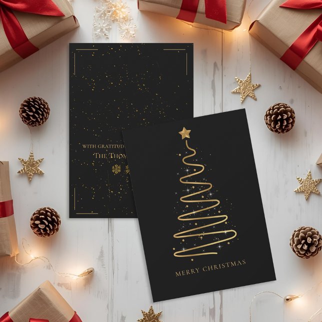 Cartes Pour Fêtes Annuelles Entreprise Elegant Black Gold Joyeux Arbre de Noël (Corporate Elegant Black Gold Merry Christmas Tree Holiday Card)