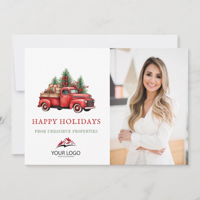 Cartes Pour Fêtes Annuelles Entreprise Red Christmas Truck Immobilier Photo (Devant)