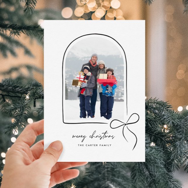 Cartes Pour Fêtes Annuelles Enveloppé d'amour noir arc en arc noir photo Noël (Wrapped With Love Black Bow Arch Photo Christmas Holiday Card)