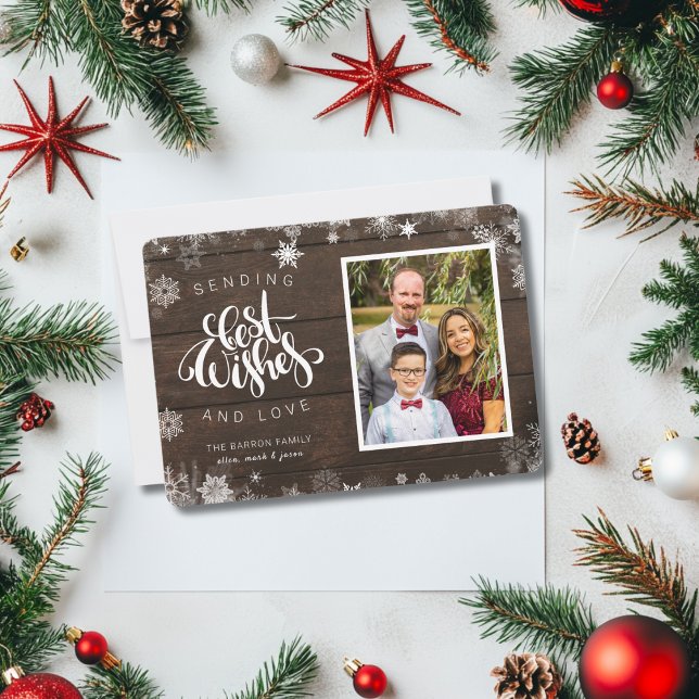 Cartes Pour Fêtes Annuelles Envoyer les meilleurs voeux Script Photo Wood Snow (Créateur téléchargé)