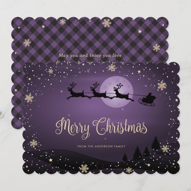 Cartes Pour Fêtes Annuelles Épinette violette Plaid Reindeer Santa Claus (Devant / Derrière)
