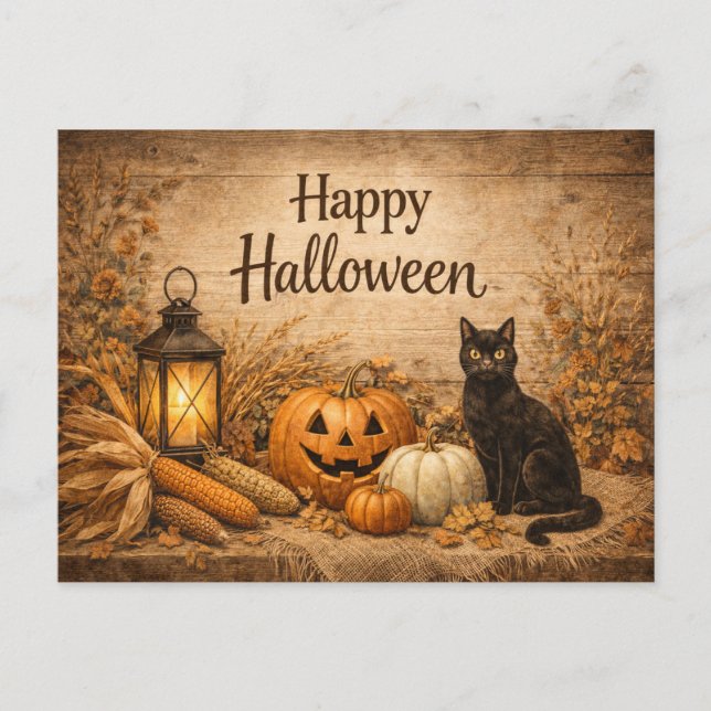 Cartes Pour Fêtes Annuelles Épouvantail Chat Noir Maïs Halloween Rustique (Devant)