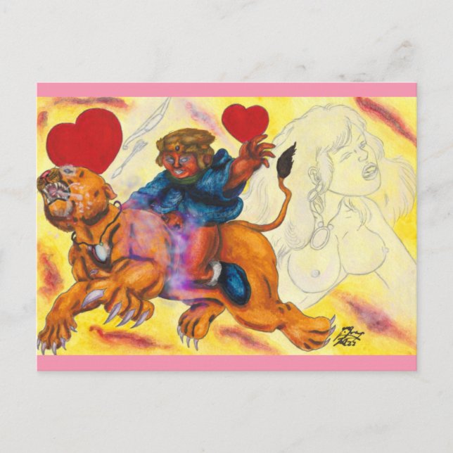 Cartes Pour Fêtes Annuelles Eros équitation Lion Princesse aquarelle amour 3 (Devant)