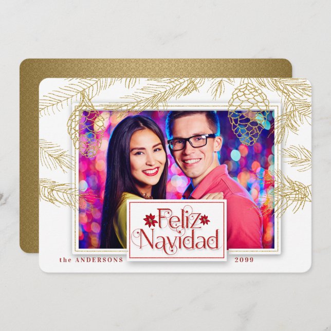 Cartes Pour Fêtes Annuelles Espagnol Feliz Navidad in Gold Christmas Photo (Devant / Derrière)
