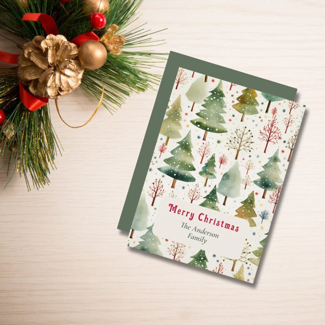 Cartes Pour Fêtes Annuelles Esthétique de Noël Aquarelle Forêt Arbres Neige (Créateur téléchargé)