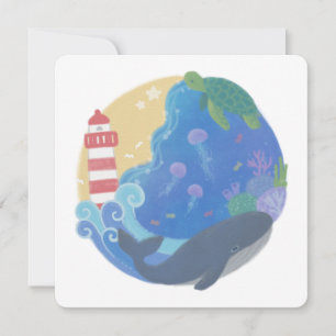 Cartes Pour Fêtes Annuelles Été Ocean Whale Turtle & Lighthouse