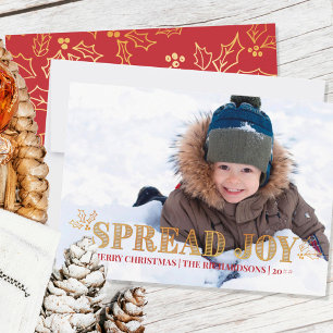 Cartes Pour Fêtes Annuelles Étendre Joy Holly Red et Gold Full Bleed Photo