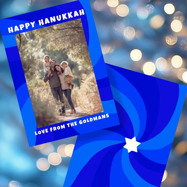 Cartes Pour Fêtes Annuelles Etoile de tournesol moderne de David HAPPY HANOUKK (Modern Swirl Star of David HAPPY HANUKKAH CUSTOM Blue Holiday Card
)