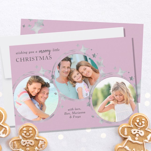 Cartes Pour Fêtes Annuelles Étoiles d'argent Noël Photo Trio Pastel Rose (Créateur téléchargé)