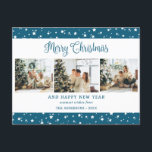 Cartes Pour Fêtes Annuelles Étoiles de collection photo bleu moderne 3<br><div class="desc">Carte postale de vacances photo bleue avec un arrière - plan bleu étoilé avec 3 photos sur le devant et une scène d'hiver aquarelle à l'arrière. Personnalisez facilement cette carte postale moderne avec vos photos et votre texte.</div>