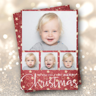Cartes Pour Fêtes Annuelles Étoiles d'or sur Red Multiple Photo Noël